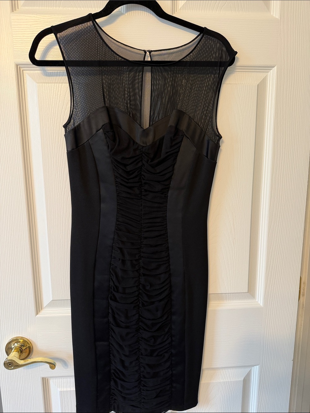 Cache Black Mesh-Yoke Ruched Midi Dress